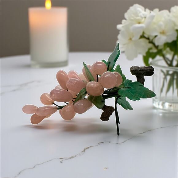 Vintage Rose Quartz Grapes w Adventurine Leaves Gemstone Carved Fruit Decor - Picture 1 of 6